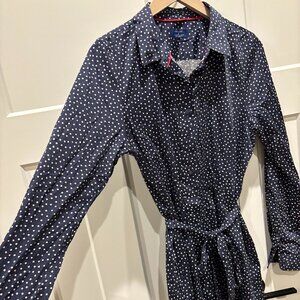 Untuckit Navy Blue White Polka Dot Shirt Dress Tie Waist Size 12